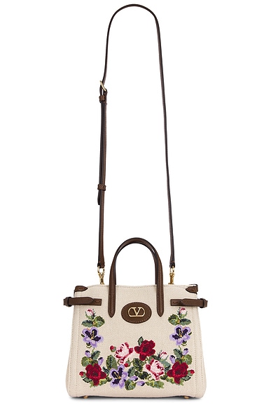 Valentino Garavani Antibes Small Tote Bag in Ecru, Multicolor, & Tabac Brown