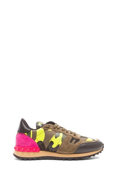 Valentino Camouflage Canvas & Suede Trainers in Fluo Yellow | FWRD