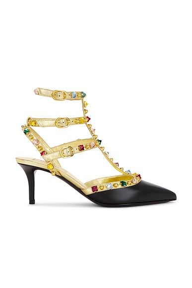Valentino Garavani Rockstud Ankle Strap Pump in Nero, Antique Brass Light, & Multicolor