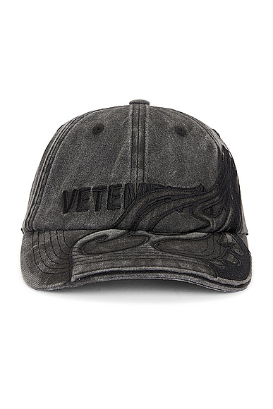 VETEMENTS Flame Logo Cap in Washed Black