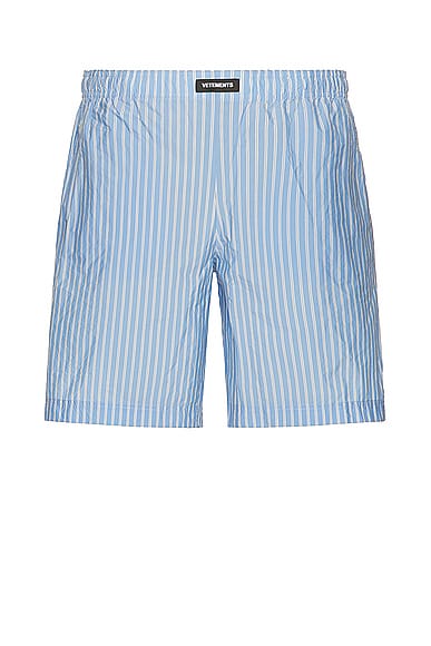 VETEMENTS Paper Poplin Tailored Short in Blue & Double White Stripe