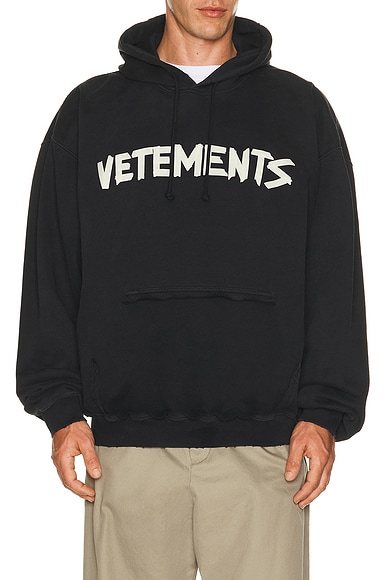 VETEMENTS Tape Logo Destroyed Hoodie in Faded Black