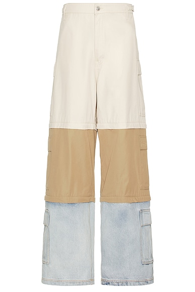 VETEMENTS Deconstructed Triple Cargo Pants in Light Beige, Beige, & Light Blue