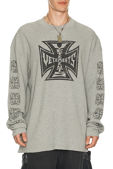 VETEMENTS Biker Cross Waffle Longsleeve Tee in Grey Melange