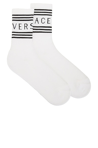 Versace White And Black Logo Stripe Intarsia Cotton Blend Socks In Bianco & Nero