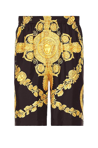 Versace Baroque-pattern Print Shorts In Black & Gold