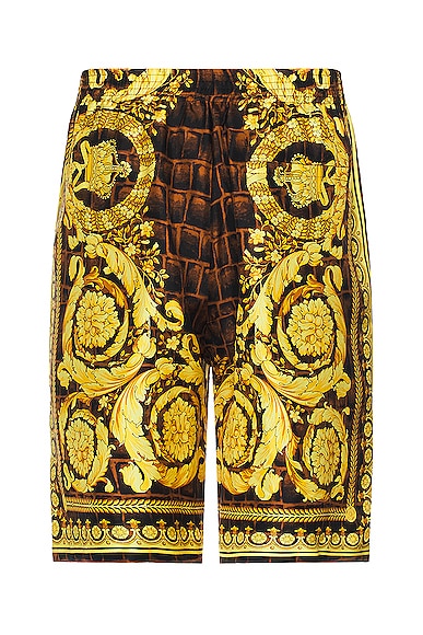 Shop Versace Baroccodile Short In Caramel  Black & Gold