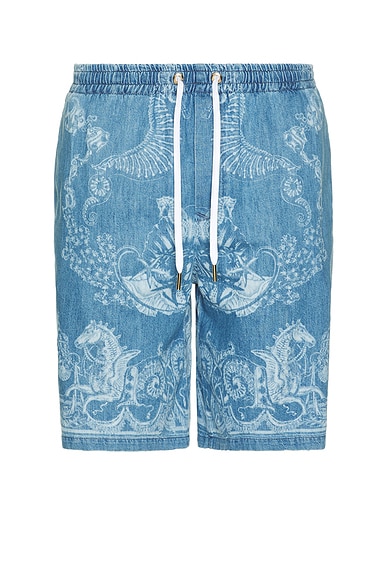 VERSACE Laser Denim Holiday Print Short in Washed Medium Blue