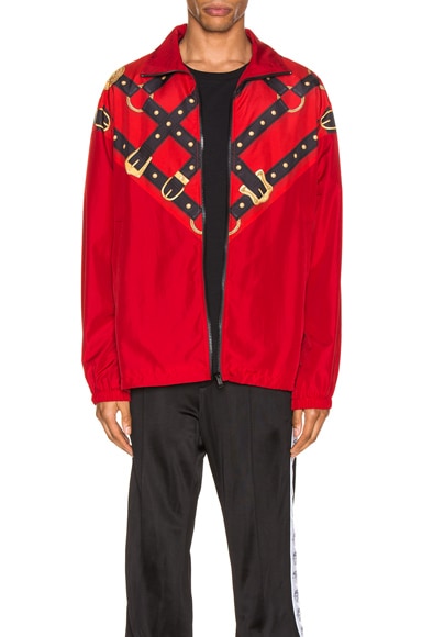 Click to view more detailed imagery on our partner's website Versace Men's Harness-Graphic Wind-Resistant Jacket In Red