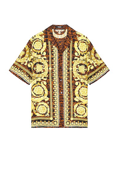 Versace Baroccodile Shirt In Caramel  Black  & Gold