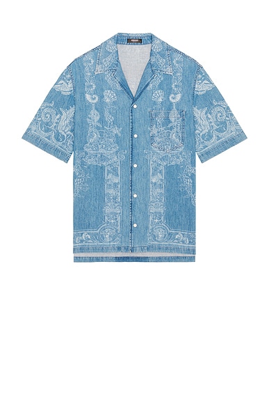 VERSACE Laser Denim Holiday Print Shirt in Washed Medium Blue