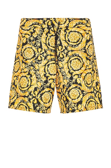 VERSACE Stampa Barocco All Over Swimshort in Black,Yellow