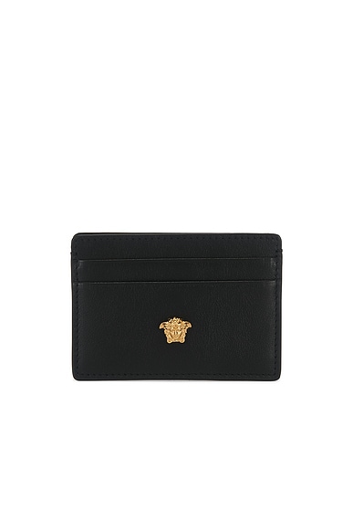VERSACE Card Case in Black & Versace Gold