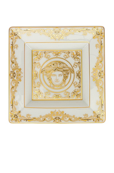 Click to view more detailed imagery on our partner's website Versace Medusa Gala Tray 5 1/2 Inch In White & Gold