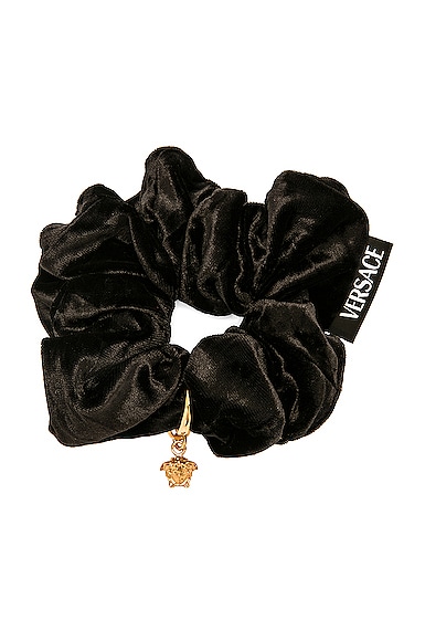 Versace Black and Gold Baroque Silk-Feel Scrunchie with Medusa Charm-nib Gianni Ribbon Scrunchie Black | VERSACE US main image 4