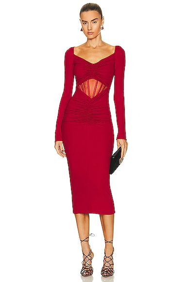 VERSACE Long Sleeve Ruched Dress in Red