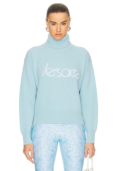VERSACE 90's Embroidered Knit Sweater in Pale Blue