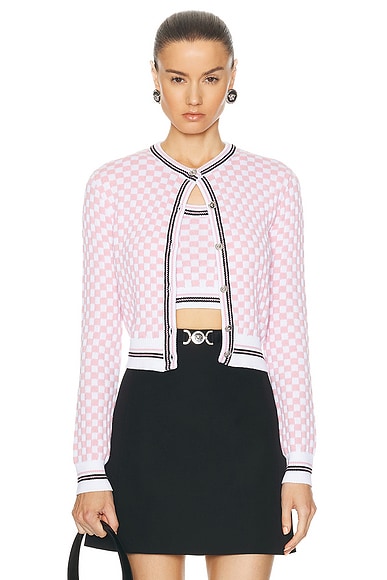 Shop Versace Long Sleeve Cardigan In White & Pale Pink