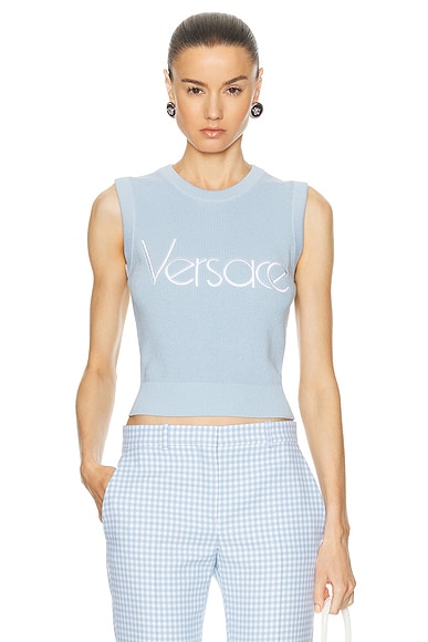 Shop Versace Sleeveless Sweater In Pastel Blue