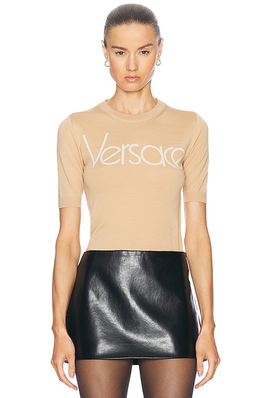 Fendi Logo Print Short Sleeve Sweater in Tan Black FWRD