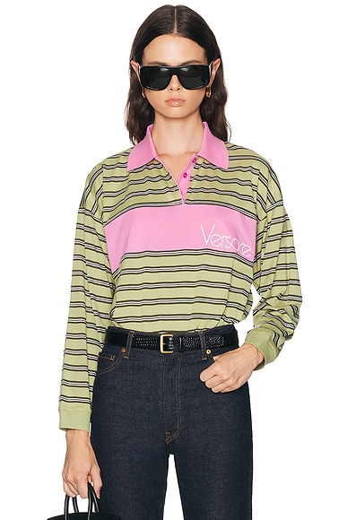 VERSACE Long Sleeve Sweater in Dusty Lime, Dark Olive, & White