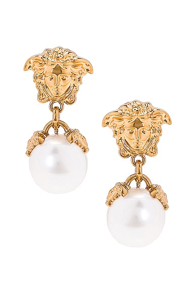 VERSACE Medusa Pearl Drop Earrings in Metallic Gold
