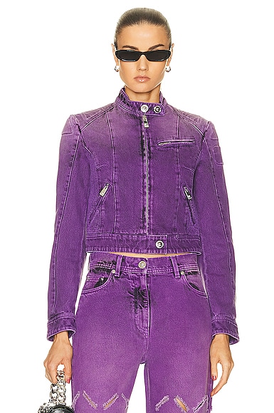 Versace Purple Medusa Denim Biker Jacket In Black & Dark Orchid