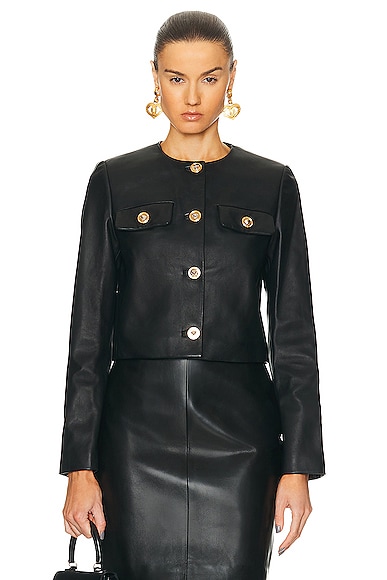 Shop Versace Plonge Leather Jacket In Black