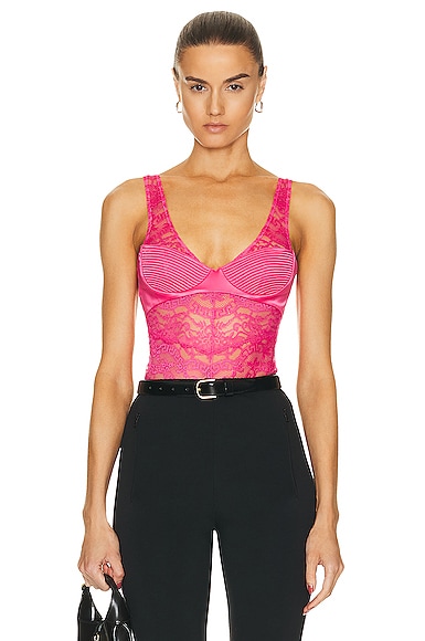Shop Versace Lace Bodysuit In Tropical Pink