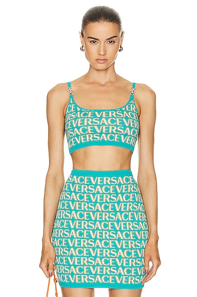 Shop Versace All Over Logo Top In Turquoise & Light Blue