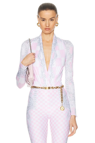 Shop Versace Jersey Bodysuit In Pastel Pink  White  & Silver