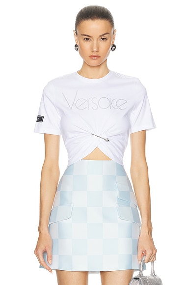 VERSACE Logo T-shirt in White & Crystal