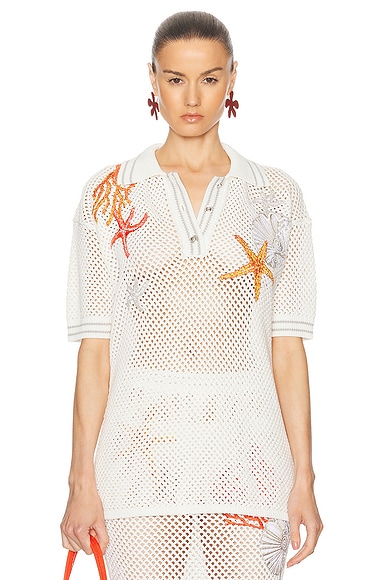 VERSACE Embroidered Polo Top in Ivory