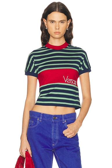 VERSACE Short Sleeve T-Shirt in Ink, Grass Green, & White