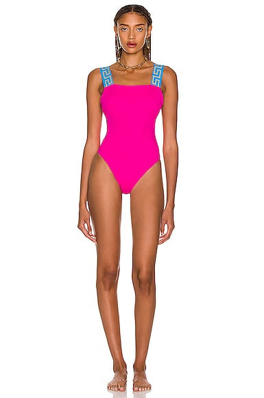 Versace Greca-pattern Scoop-back Swimsuit In Cerise & Teal