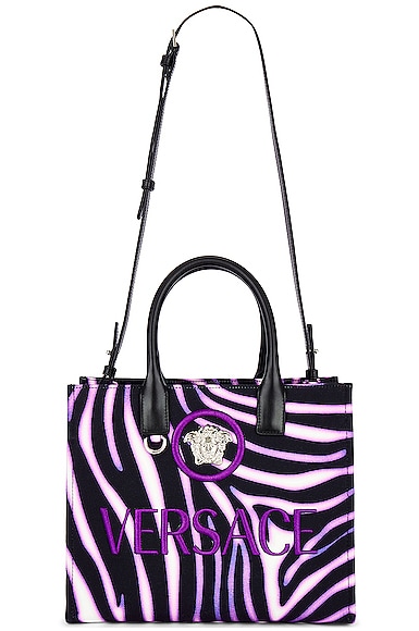 Versace Embroidered-logo Zebra Tote Bag In Purple