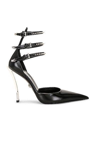 VERSACE Caged Ankle Pumps in Nero & Palladio Lucido