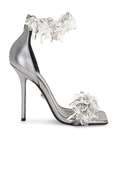 Versace Metallic Crystal Chandelier Stiletto Sandals In Dark Silver & Palladium