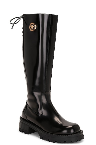Shop Versace Knee High Boot In Black &  Gold