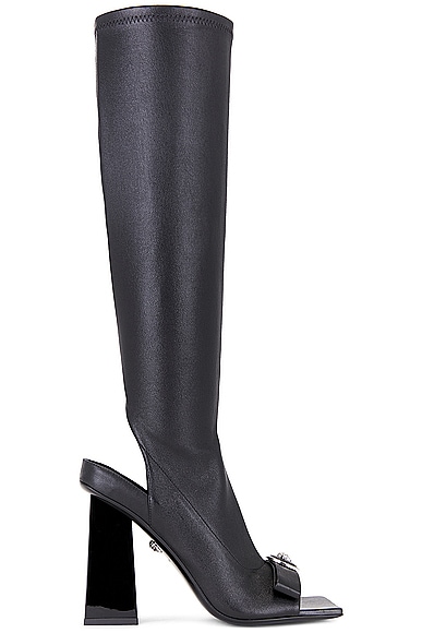 VERSACE Heeled Open-toe Riding Boot in Black