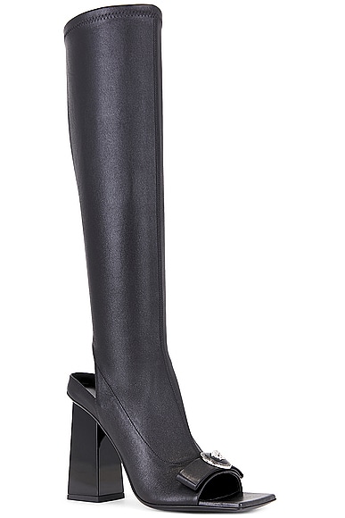 Shop Versace Heeled Open-toe Riding Boot In Black