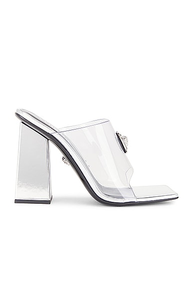 Shop Versace Block Heel Mule In Transparent & Silver