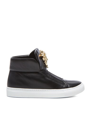 VERSACE Medusa Head Laceless Leather Sneakers in Black & Gold | FWRD