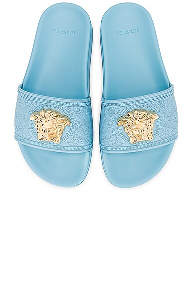 Versace Palazzo Medusa Slide Sandal In Light Blue & Oro