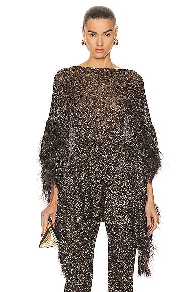Valentino Feather-trimmed Paillette Poncho In Brown