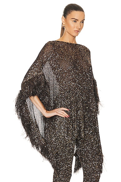 Shop Valentino Embroidered Blend Feather Poncho In Ebano