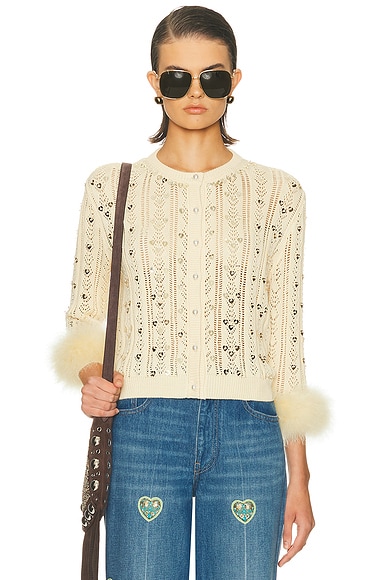 Valentino Embroidered Feather Cuff Cardigan in Betulla