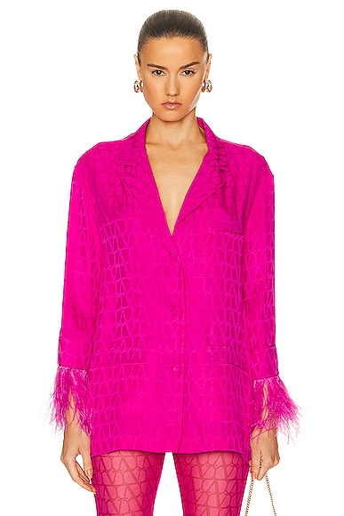 Valentino Feather-trimmed Silk-jacquard Shirt In Pink