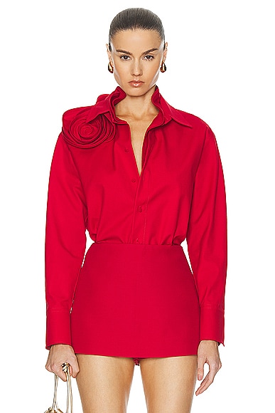 Valentino Shoulder Detail Button Down Shirt in Rosso