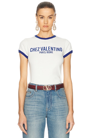 Valentino Cotton T Shirt in Avorio & Blu Elettrico